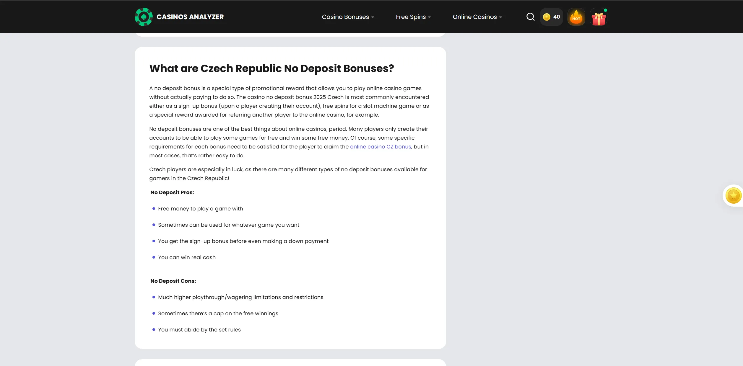 Screenshot of Casinosanalyzer.com - Casino No Deposit Bonus Czech Republic ✔️ Czechia Free Spins Codes for Mobile Gambling